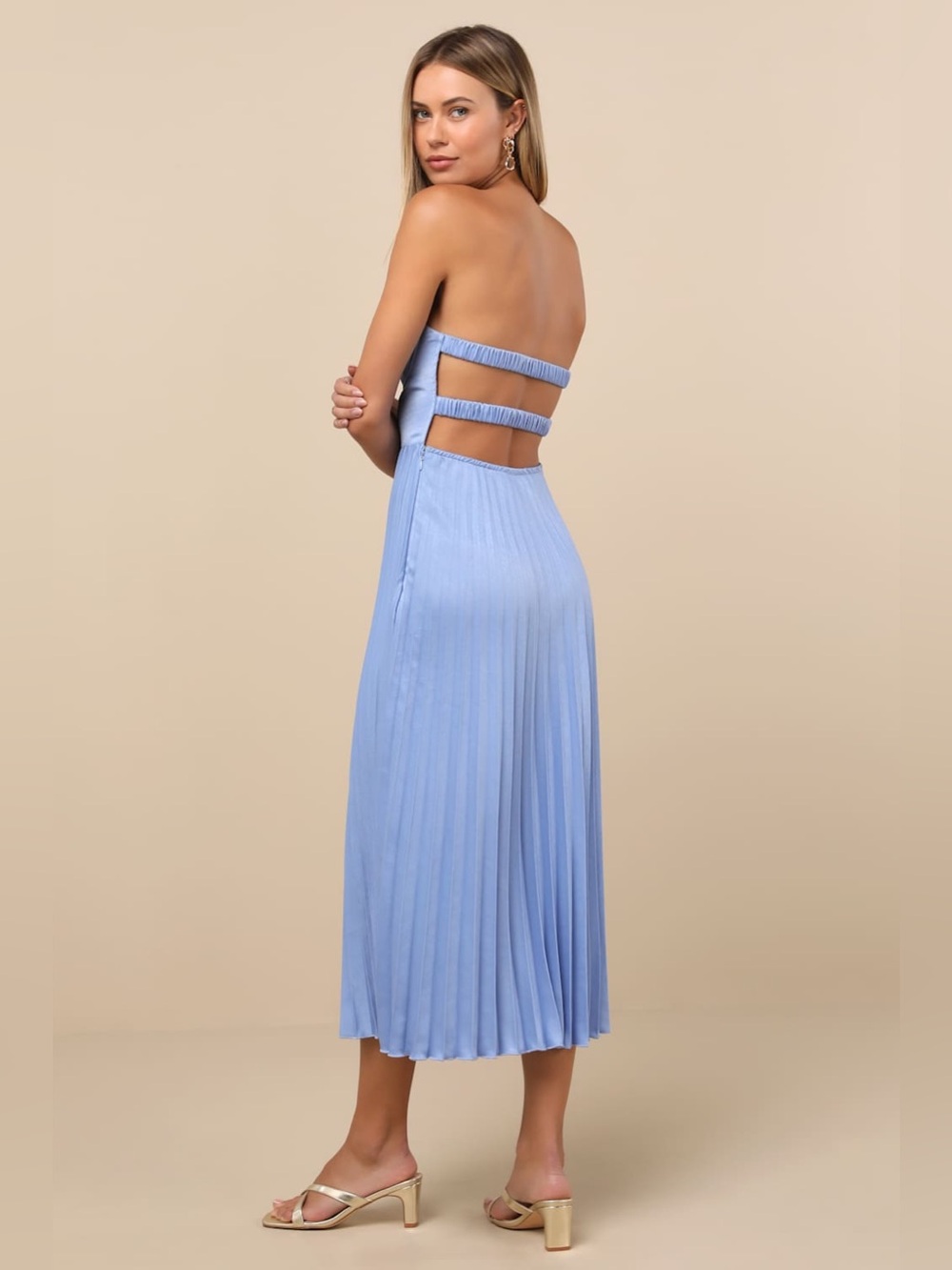 LULU’S Irelyn Dusty Blue Satin Bustier Midi Dress - Picture 5 of 6